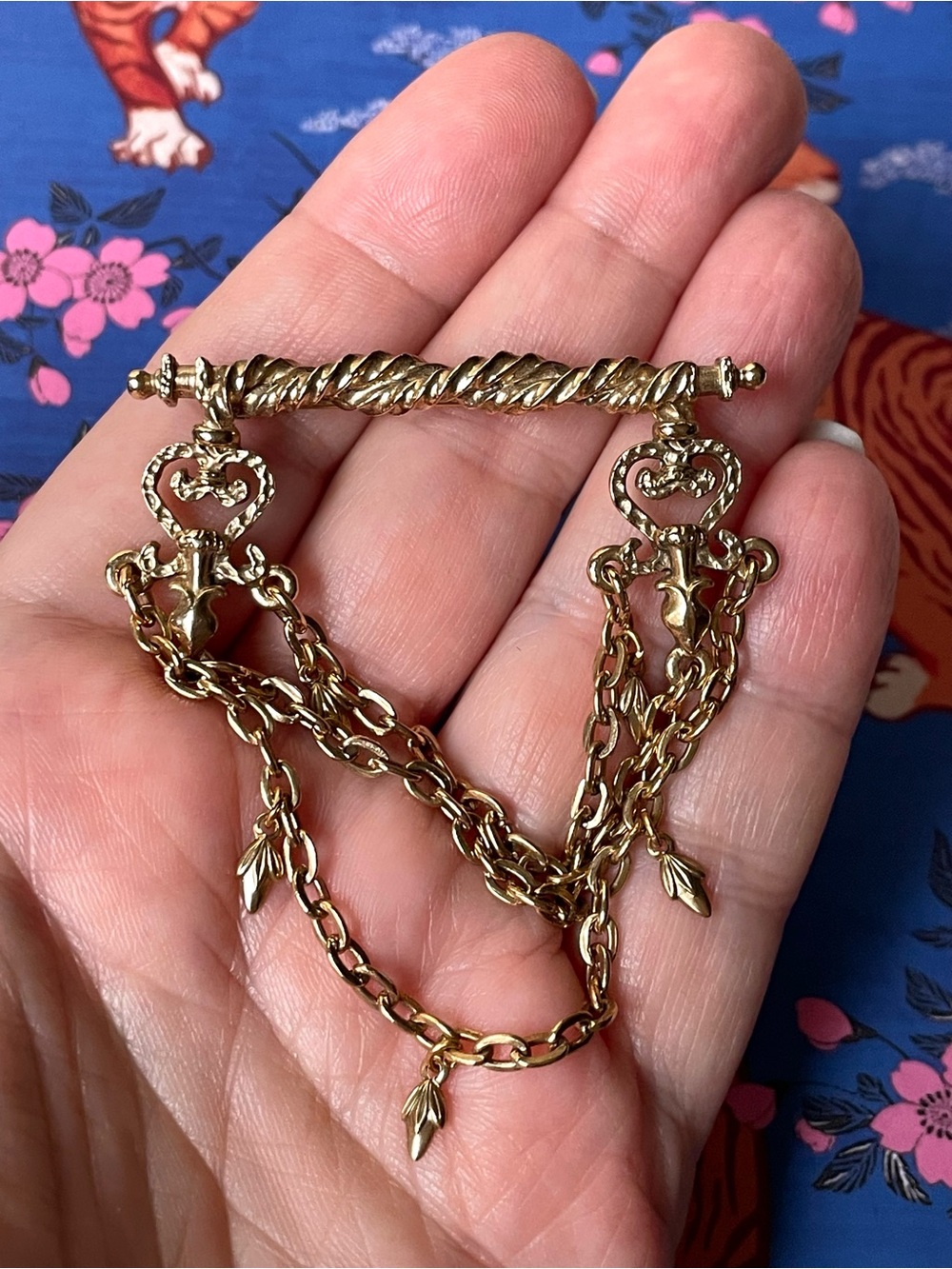 Vintage goldtone triple strand chain chatelaine-style bar brooch Victoriana